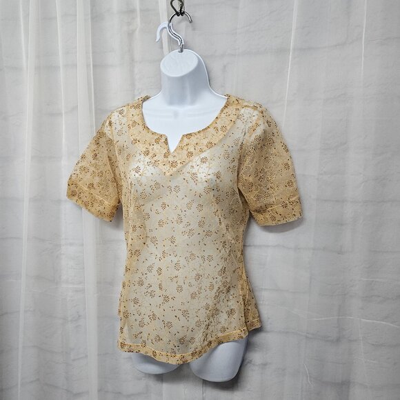 John & Philip Tan Gold Fairy Twee Blouse Sheer Floral Coquette Whimsy M - Picture 5 of 9
